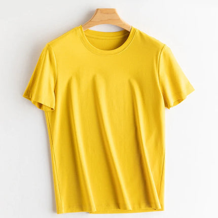 SuyaDream Women Solid T shirts, Silk Cotton Blend, O Neck, Short Sleeved Solid Tee,2025 Summer Candy Colors Basic Cozy Top Green