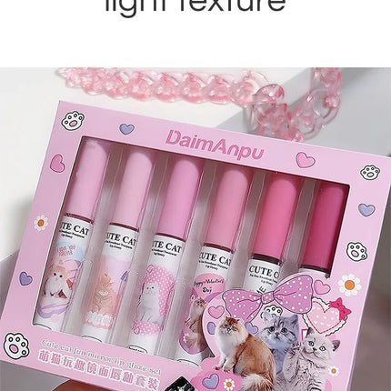 Cute Cat Fun Mirror Lip Glaze Set 6 Colors Highly Pigmented Lip Stain Hydrating Glossy Lip Makeup Perfect Gift