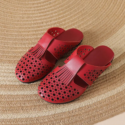 New Women's Breathable Perforated Leather Mules Vintage Tassel Slip on Flats Woman Casual Summer Shoes Hollow Slippers Outdoor