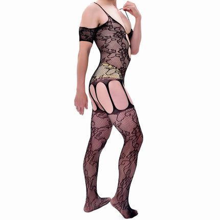 CLEVER-MENMODE Crotchless Pantyhose Men Bodysuit Sexy Fishnet Lingerie Lace Mesh Jumpsuit Stockings Garter Belt Sissy Nightwear