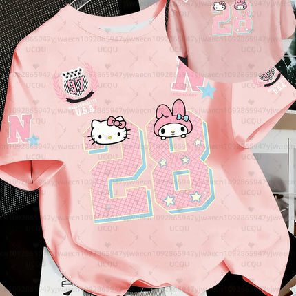 Summer Women's Girl's Casual Hello Kitty Kuromi My Melody Print Kid Cute T-Shirt Round Neck Tee Outdoor Sport Men's T-shirt