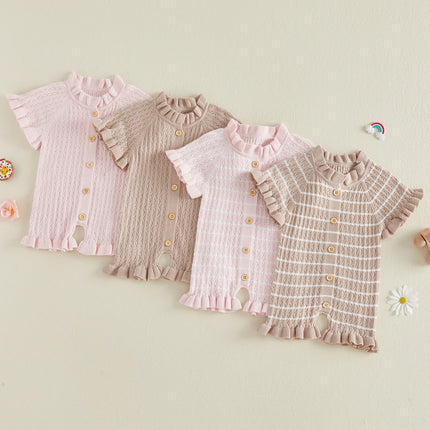 FOCUSNORM 0-24M Lovely Baby Girls Boys Summer Knit Romper Ruffle Trim Short Sleeve Button-up Jumpsuit Newborn Bodysuit