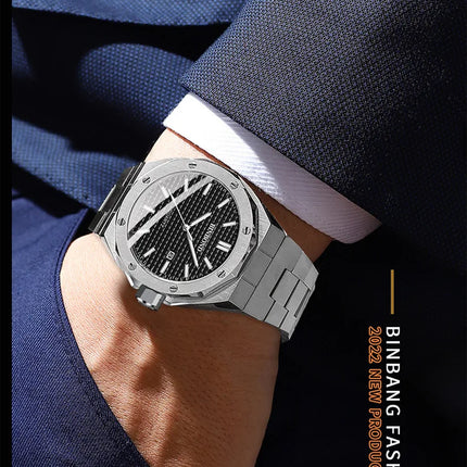 BINBOND Men's Watch Top Brand Royal Casual Men Big Dial Silver Stainless Steel Calendar Quartz Wristwatch Classic Luminous B0233