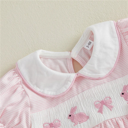 Baby Girls Easter Striped Romper Cute Bunny Embroidery Doll Collar Short Sleeve Jumpsuit Newborn Baby Girls Romper Clothes