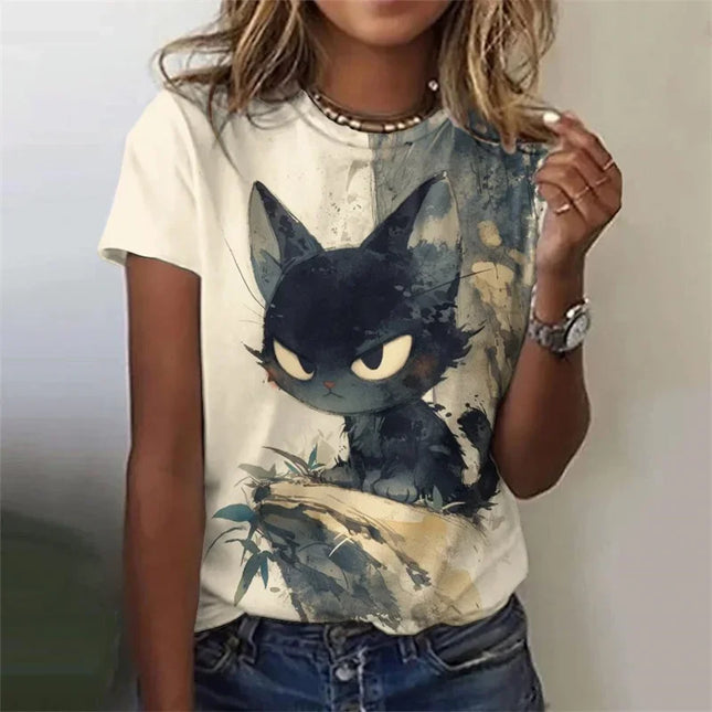 3D Printed Cute Cat T Shirt For Women Fresh Tree Leaves Pattern Tees Summer Harajuku T-Shirts Round Neck Tops Loose Short Sleeve
