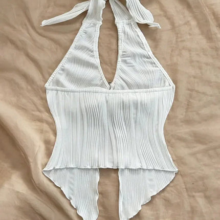 Sexy V-neck Halter Neck Crop Top for Women Summer Sleeveless Solid Split Backless Top Y2K Clothes