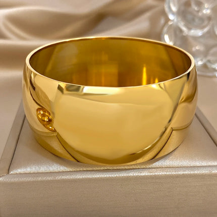 Glossy Gold Plated Stainless Steel Bracelet for Women Men Fashion 10 15 30mm Size Chunky Smooth Cuff Bangles Waterproof Jewelry