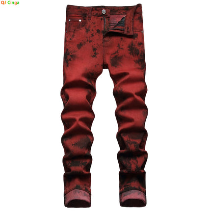 Men's Burgundy Jeans in Asian Sizes, Black Printed Stretch Denim Pants, Stylish Slim-fit Trousers. 28-42