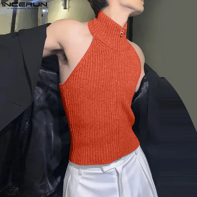 INCERUN Tops 2025 Korean Style Fashion Men's Knitted Texture Hanging Neck Design Vests Casual Streetwear Solid Zipper Tank Tops