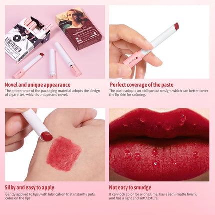 4 pcs/set Cigarette Lipstick Set Long Lasting Lip Glaze Matte Lip Gloss Waterproof Lip Stick Tube Nude Lip Tint Makeup Cosmetics