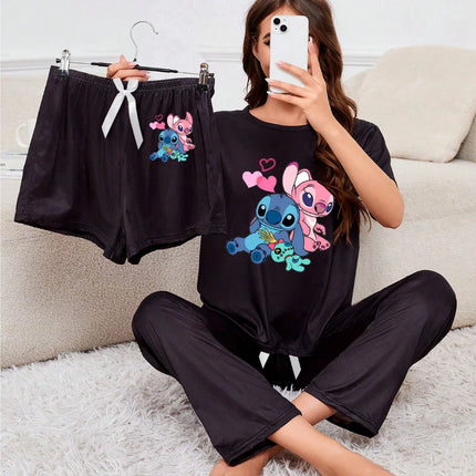 Disney men's and women's Stitch sleepwear 3-piece set, casual and cute short sleeved top, long pants, home wear
