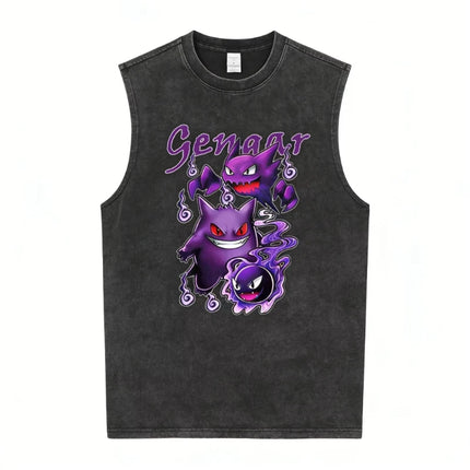 Men's Gengar Gastly Haunter Pokemon Vintage Washed Tank Top, Casual Cotton Sleeveless Anime Tee