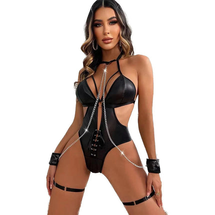 Black Faux Leather Bondage Bodysuit Strappy Fetish Catsuit Detachable Metal Handcuffs Tight BDSM Lingerie for Couples Halloween