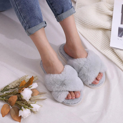 Evshine Women Fuzzy Slippers Fashion Cross Band Memory Foam House Slippers Indoor Outdoor Open Toe Plush Slides Casual Flat Shoe