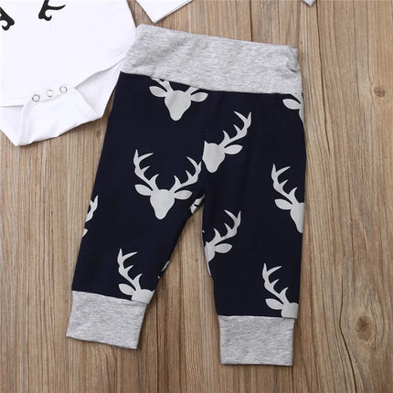 0-24months Baby Boys 3pcs Clothing Set Letter Pattern Deer head Romper And Print Pants And Hat Xmas Outfits For Infant Boys