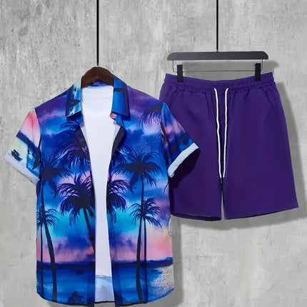 2025 Simple All-in-one Men's Shirt Set Coconut Tree Print 3D Printed Shirt And Shorts Set Summer Casual Vacation Hawaiian Shirt