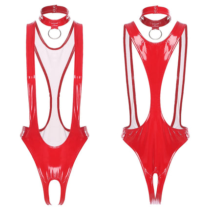 Womens Glossy Patent Leather Bodysuit and Choker Open Crotch Monokini Sling Leotard Swimwear with O-ring Clubwear Nightwear