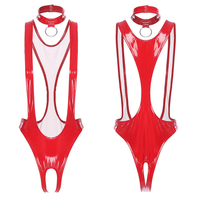 Womens Glossy Patent Leather Bodysuit and Choker Open Crotch Monokini Sling Leotard Swimwear with O-ring Clubwear Nightwear