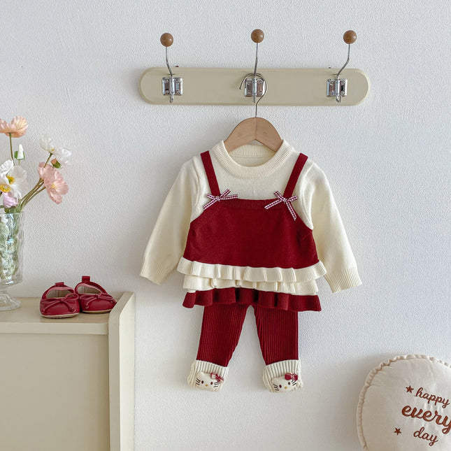 Autumn and winter girl sweater set, fake two-piece overalls knitted top + two-piece knitted leggings sweet knitted set