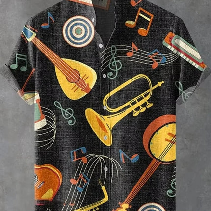 New men's short sleeved linen shirt with geometric pattern 3D printing, Hawaii casual vacation fashion lapel button top