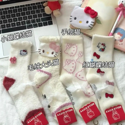 New Sanrio Hello Kitty Anime Merchandise Cartoon Cute Thick Warm Plush Socks Creative Kawaii Girl Heart Mid-Calf Socks Wholesale