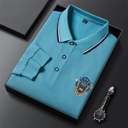 New Men's Long-sleeved Cotton Polo Shirt Fashion Embroidery Casual Bottom Pullover Shirts Tops Men's Clothing