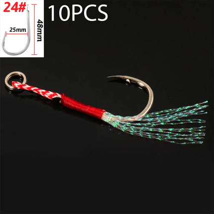 Cast Jig Assist Hook 10PCS/Lot High Carbon Steel Angle Barbed Thread Feather Lake Fishing Tackle Slow Jigging Sea Pesca Fishhook