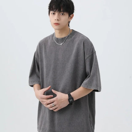 Summer men's washed T-shirt 230G pure cotton retro faded loose neutral basic short-sleeved loose fitness top