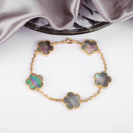 Hot Sale Premium 15mm Natural Stone White Shell Five Leaf Flower Bracelet Gold Silver Lucky bangle For Women Girls Party Daily