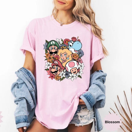 Floral Mario Birthday Shirt Super Mario Bros Movie T-shirt 2026 Summer New Men's Women Y2K Hip-hop Cotton Oversized T-shirt