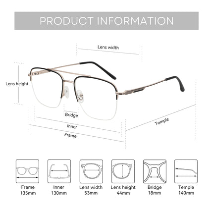 ZENOTTIC (M Size) Men Half frame Square Mental Prescription Pilot Glasses Blue Light Blocking Optical Eyewear For Screen
