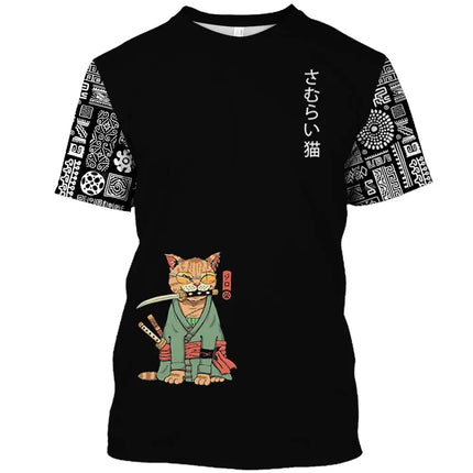 Japanese Samurai Cat Print T Shirt For Men Casual Simplicity O-neck Short Sleeve Fashion Trend Harajuku Streetwear Oversized Top