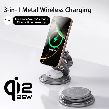 Qi2.2 25W Metal Wireless Charger Protable Fast Charging Station Stand 360° Rotation for iPhone 17 16 15 14 Pro Max Watch Airpods