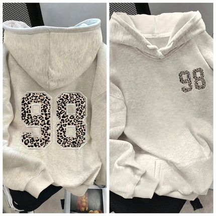 Womens Pure Cotton Hoodie with Front and Back 98 Leopard Print Long Sleeve Casual Fashion Pullover Sweatshirt for Daily Wear