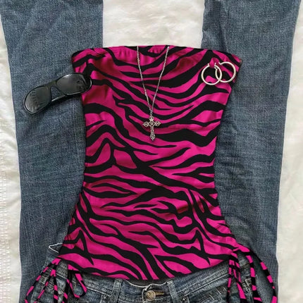 Cropped top - Women's summer vacation pleated lace-up leopard print vest, sleeveless zebra print top, pink zebra print top,