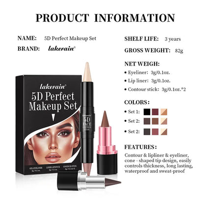 5D Perfect Makeup Set With Contouring Stick Eyeliner And Lipstick Easy Coloring Sweat-proof Long Lasting Daily Makeup Set