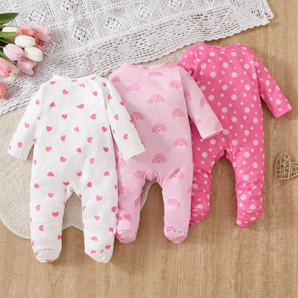 Infant Girls' Four-Season Lightweight Sweet Style Baby Comfortable Round Neck Long-Sleeve Footed Geometric Pattern Three-Piece S