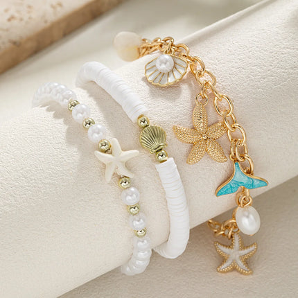 3 pieces of beach style alloy starfish shell tassel multi-layer layered soft ceramic imitation pearl women's ankle chain