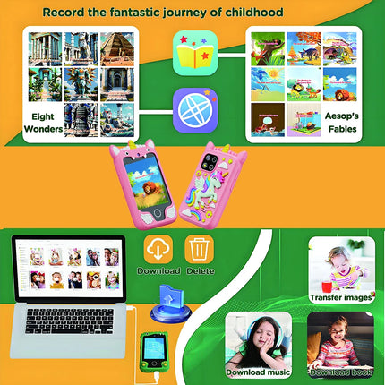 Mini Kids Smart Phone 8GB Cartoon Unicorn 2.8'' Stories Music Camera Habit Track Baby Mobile Toy Phone Educational Tools Gifts