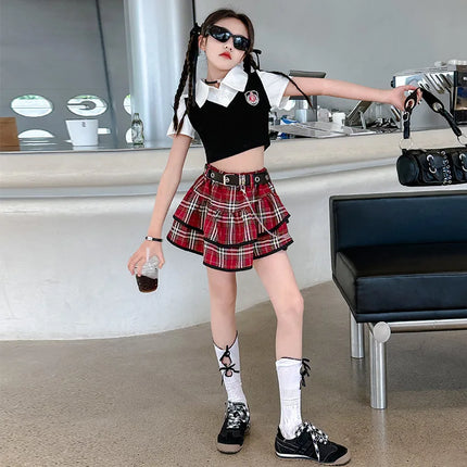 1pc 2026 new summer street American children set teenager Girls Clothes blouse shirt or checked JK pleated Skirt 4 8 10 12 Year