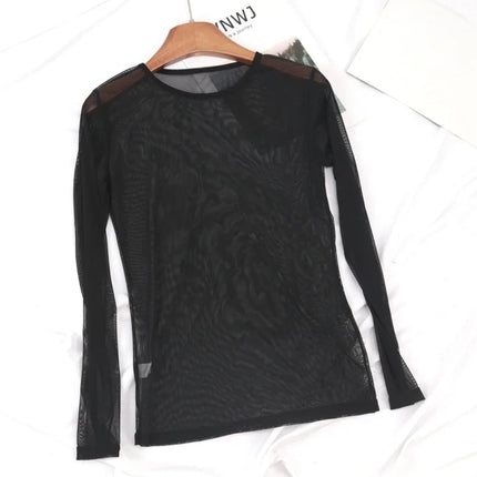 New Black Sexy Women T Shirt See Through Transparent Punk Mesh Tops Long Sleeve Sheer Slim Ladies Solid T-Shirt Lace Crop Top