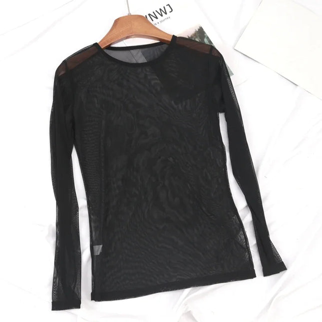 New Black Sexy Women T Shirt See Through Transparent Punk Mesh Tops Long Sleeve Sheer Slim Ladies Solid T-Shirt Lace Crop Top