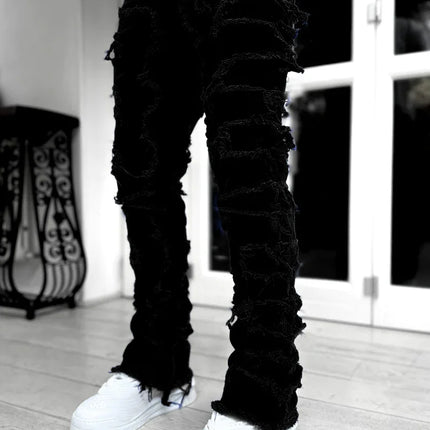 Streetwise Stretch Patch Jeans For Men Bottom Baggy Men's Clothing Summer Solid New Fashion Mid Waist Patchwork Long Pants Male