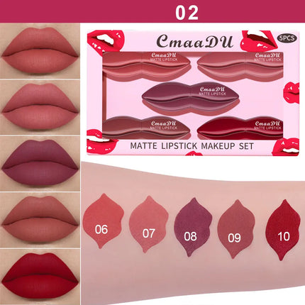 5pcs Matte Lipstick Makeup Set Super Smooth Texture Long Lasting Lipstick Kit High Pigment Sexy Lip Stick with Perfect Gift Box
