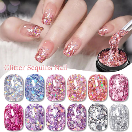 7pcs Glitter Sequins Gel Nail Polish Set Pink Silver Laser Glitter Semi Permanent Soak Off UV Gel Varnish Manicure Nail Supplies