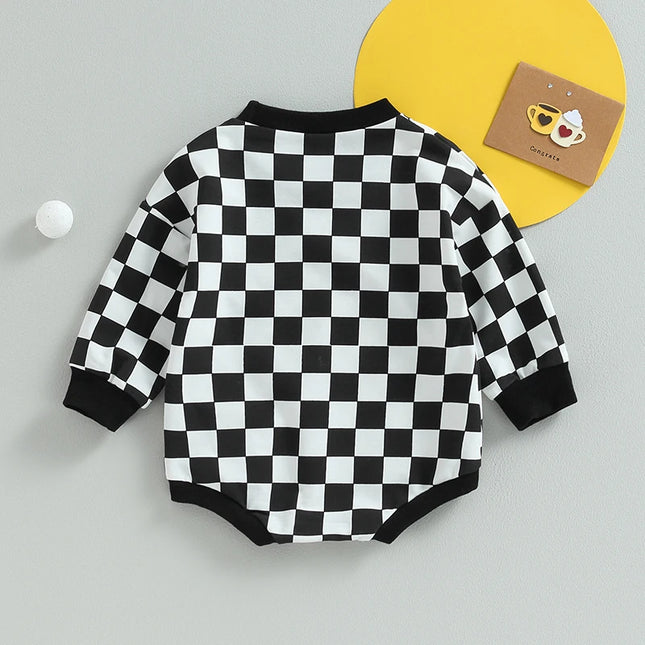 Baby Boy Girl Checkered Sweatshirt Bodysuits Oversized Long Sleeve Bubble Romper Jumpsuits Tops Neutral Baby Fall Clothes