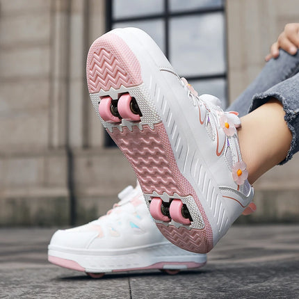Girls Roller Skates Four-wheel Outdoor Shock-absorbing Casual Sports Shoes Soft Walking Comfortable Flat Wheel Shoes for Kids