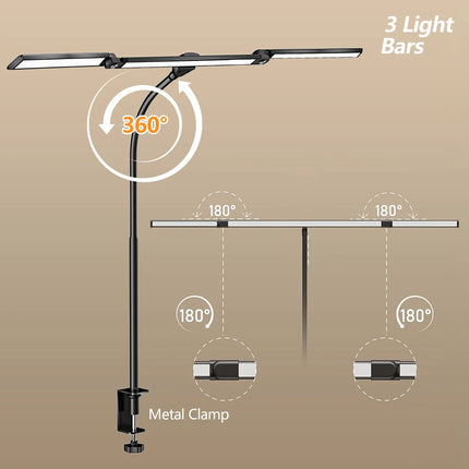 2-Headed LED Desk Lamp for Office Home Eye-Caring Architect Lamp with Clamp USB 3 Color Flexible Adjustable Lighting Table Lamp