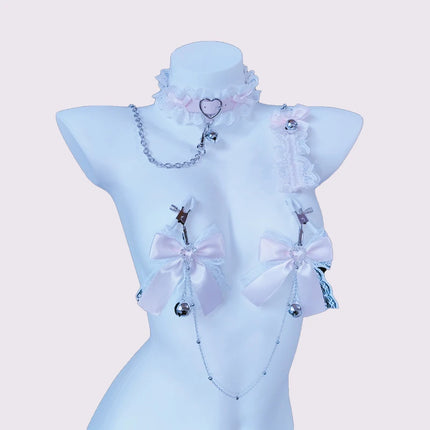 Women Butterfly Knot Bell Nipple Clip Cute Clamp Pink Collar with Traction Sexy Accessory Chest Chain Restraint Adult Sex Toys