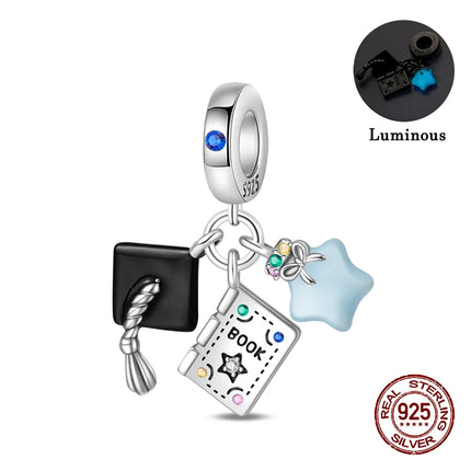 100% 925 Sterling Silver Graduation Season Series Owl Bachelor's Hat Charms Beads Fit 3mm 925 Original Bracelets DIY Jewelry